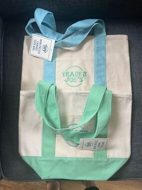 NWT set of two Trader Joe's Cream Canvas Tote with Mint and Light Blue Accents.